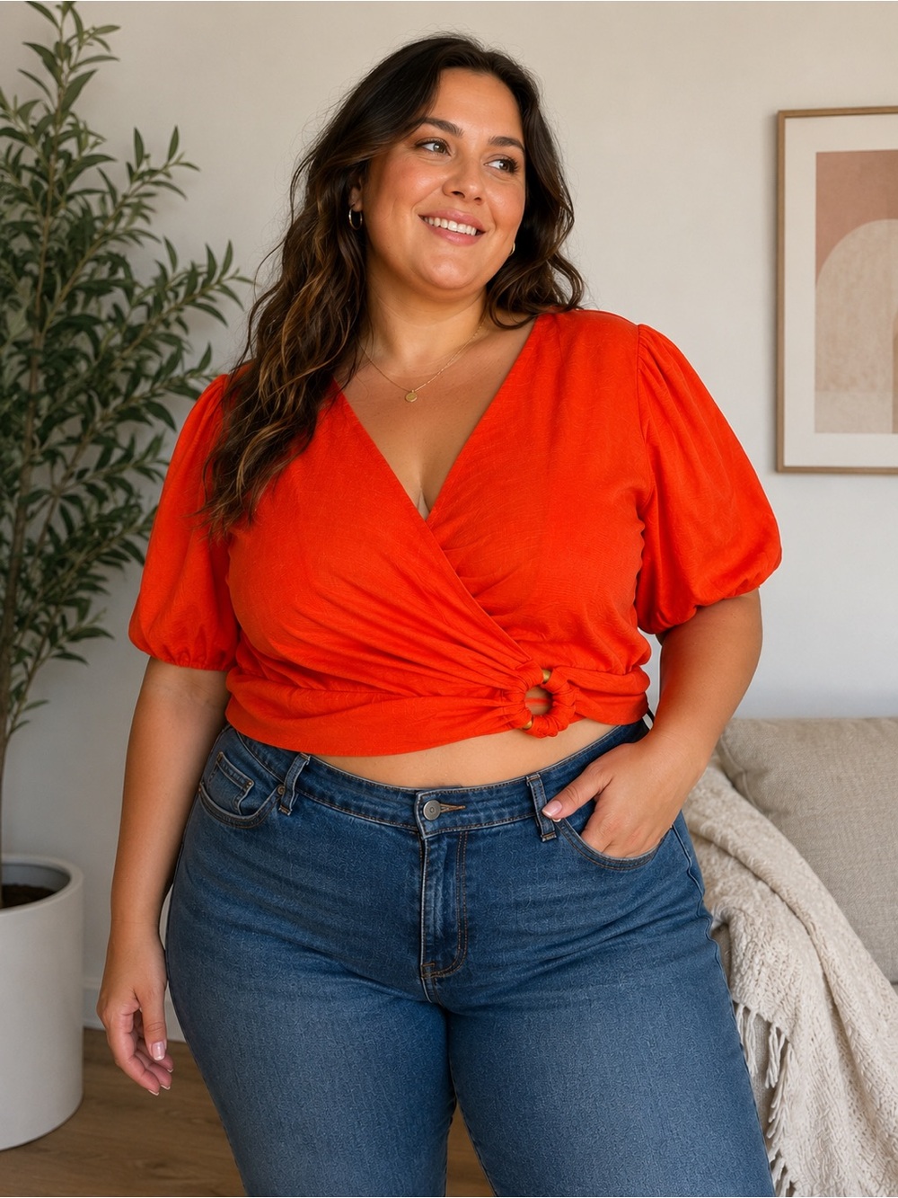 Sugarlips Bright Orange Wrap Crop Top with Ring Accent